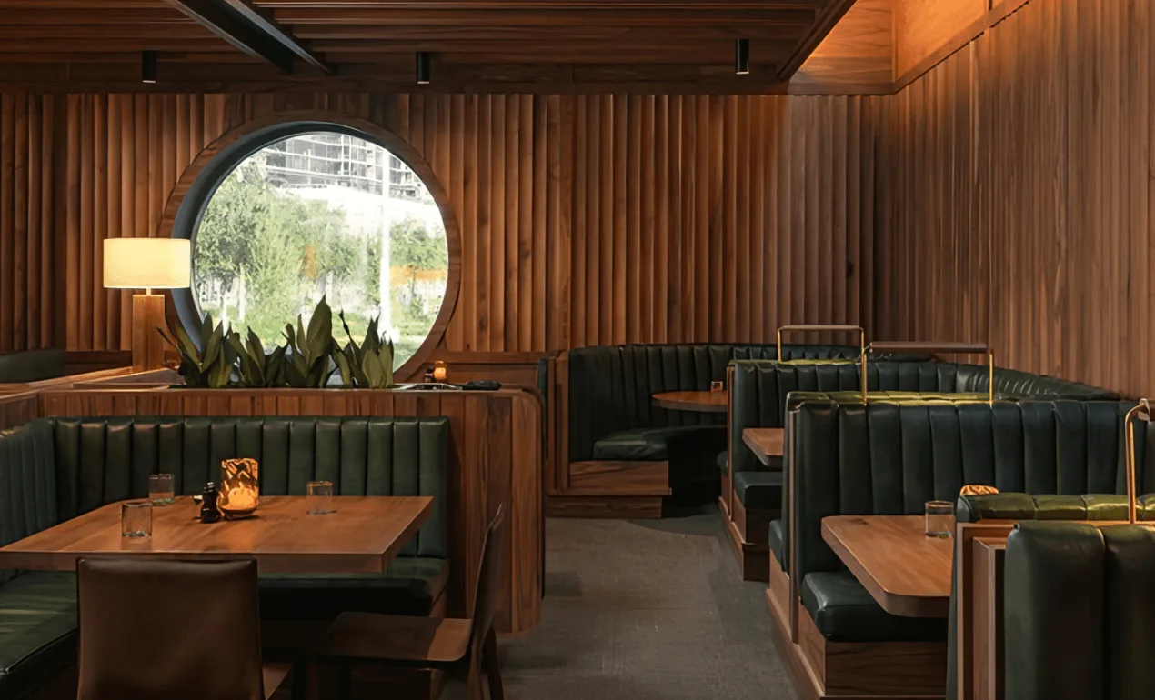 Restaurante con paredes de madera y mesas con taburetes